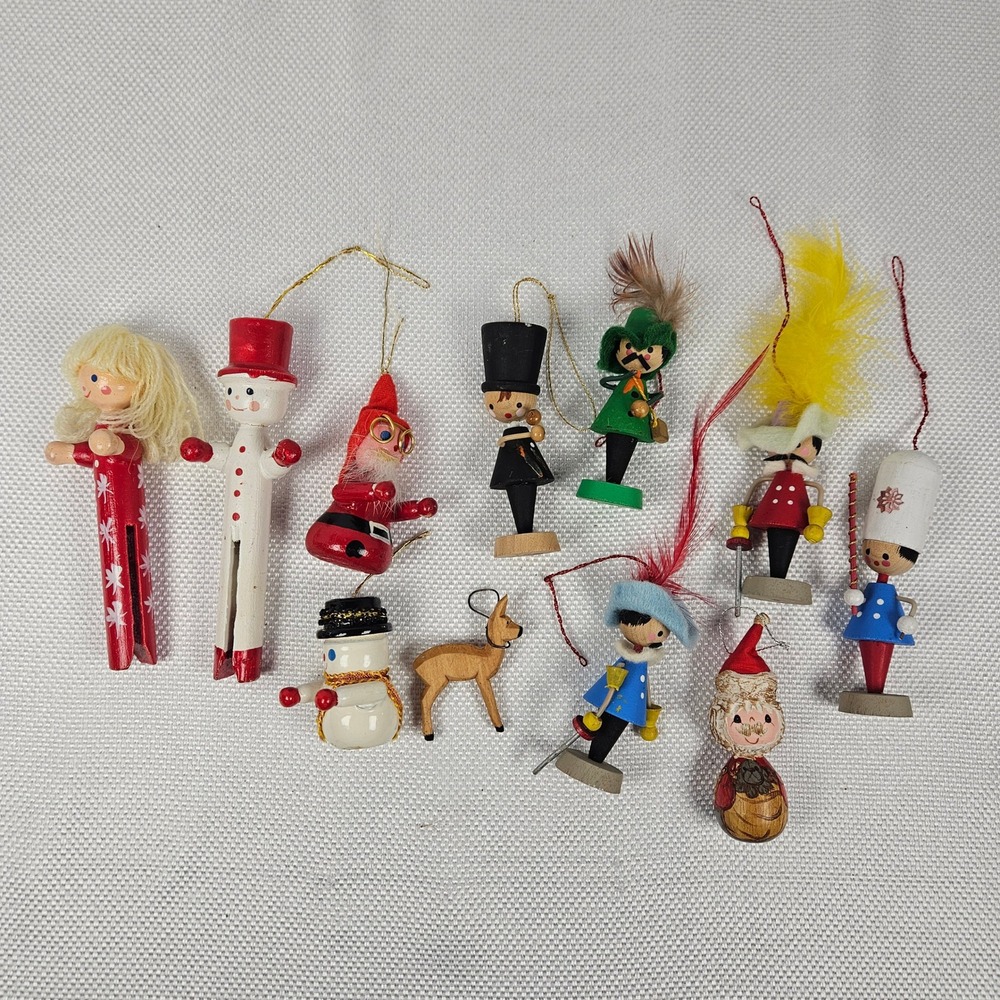 Vintage Wooden‎ Christmas Ornaments Lot 11 Hand Painted Santa Snowman Clothespin